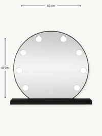 Dimension diagram of black round Hollywood vanity mirror, 40 cm wide by 37 cm tall, with 10 bulb positions visible, on bla…