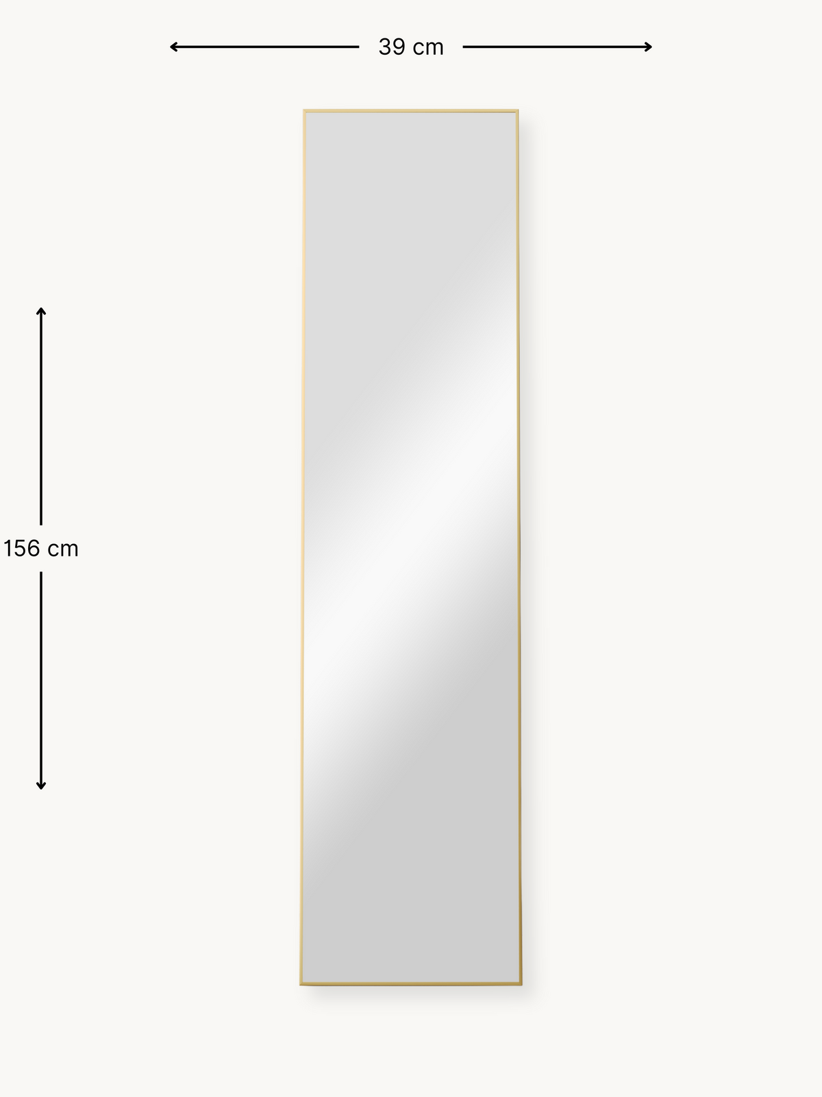 Dimension diagram of full-length rectangular mirror with slim gold frame, annotated 39 cm wide by 156 cm tall