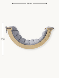 Natural wood climbing arch rocker with grey quilted cushion, dimension diagram showing 78 cm width and 37 cm height
