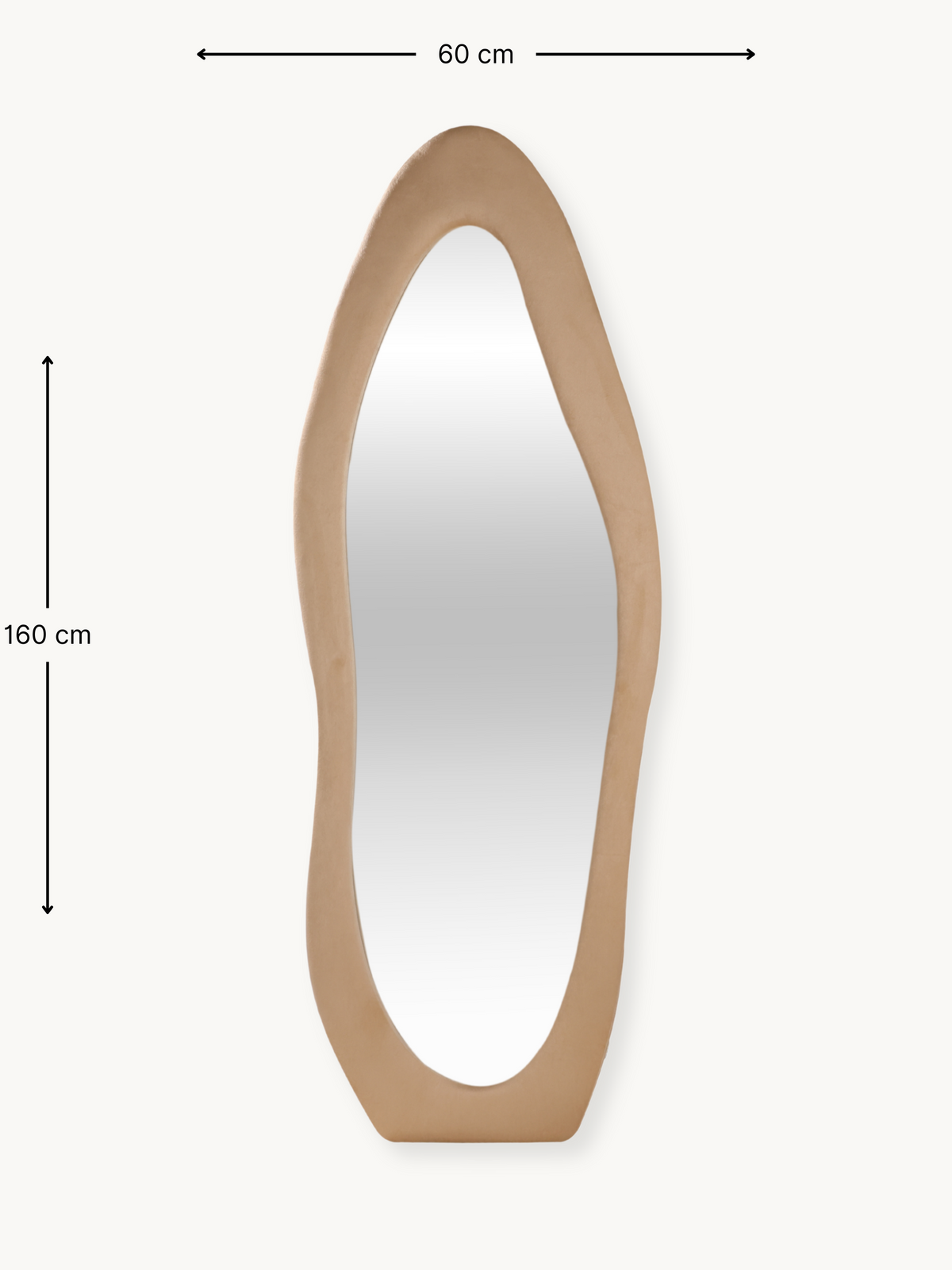 Front view of taupe suede velvet asymmetric oval mirror with dimension annotations: 60 cm wide, 160 cm tall