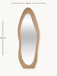 Front view of taupe suede velvet asymmetric oval mirror with dimension annotations: 60 cm wide, 160 cm tall