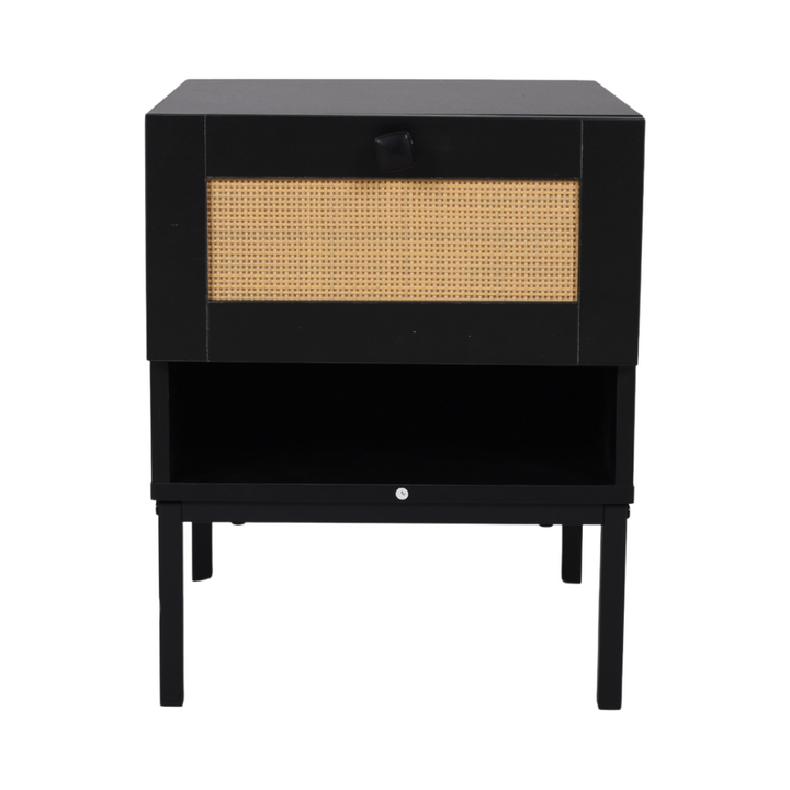 Comodino japandi nero a 4 gambe con piano in rattan