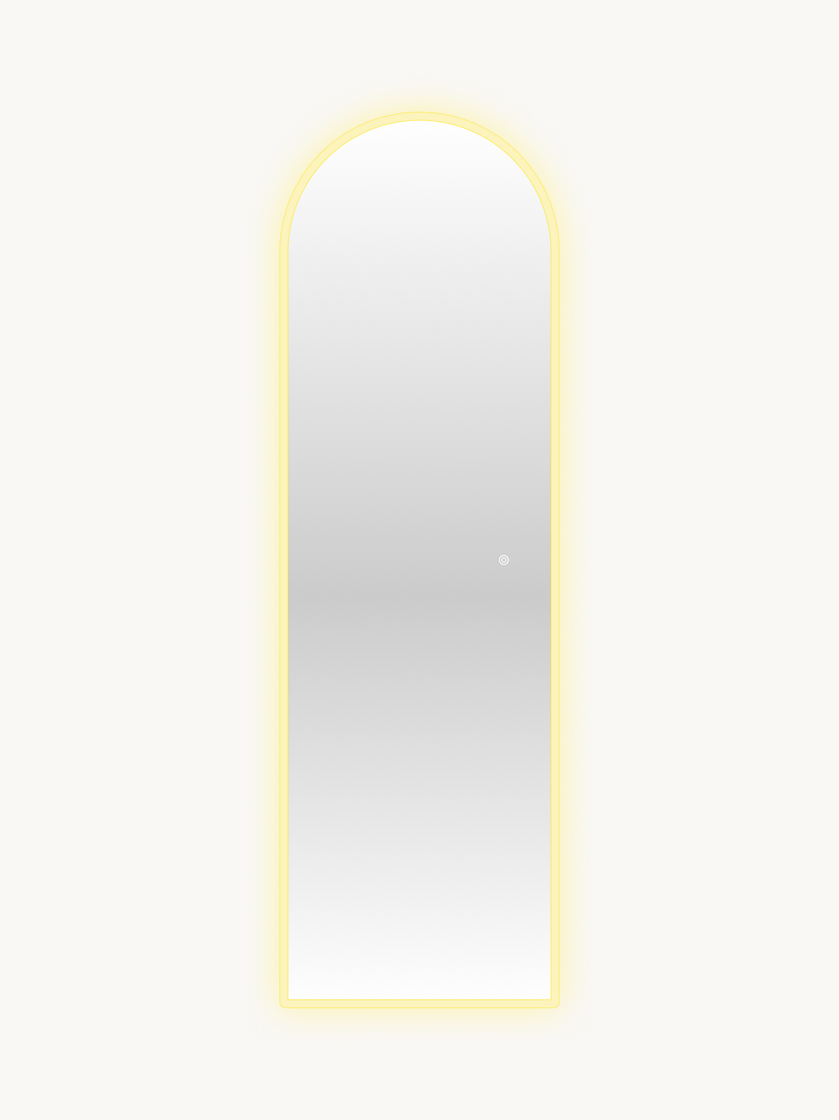 Full-length arched LED mirror with warm yellow perimeter glow illuminated, touch control button visible on glass, front vi…