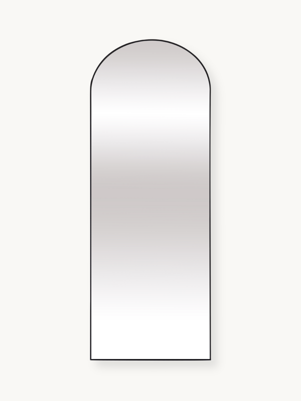 Tall arched full-length mirror with thin black aluminium frame, front view on white background