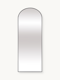 Tall arched full-length mirror with thin black aluminium frame, front view on white background
