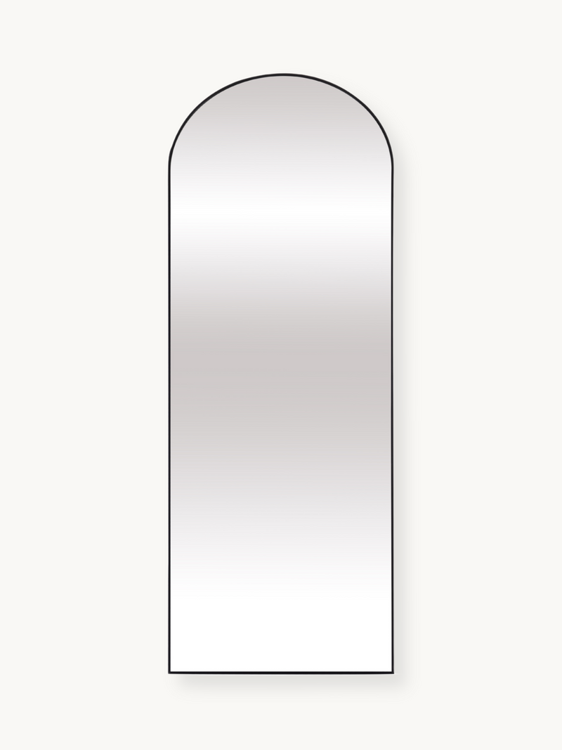 Tall arched full-length mirror with thin black aluminium frame, front view on white background