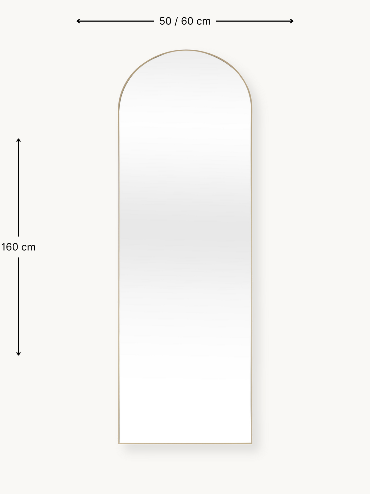 Dimension diagram of arched full-length mirror showing 160 cm height and 50/60 cm width with gold frame, front view