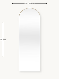 Dimension diagram of arched full-length mirror showing 160 cm height and 50/60 cm width with gold frame, front view