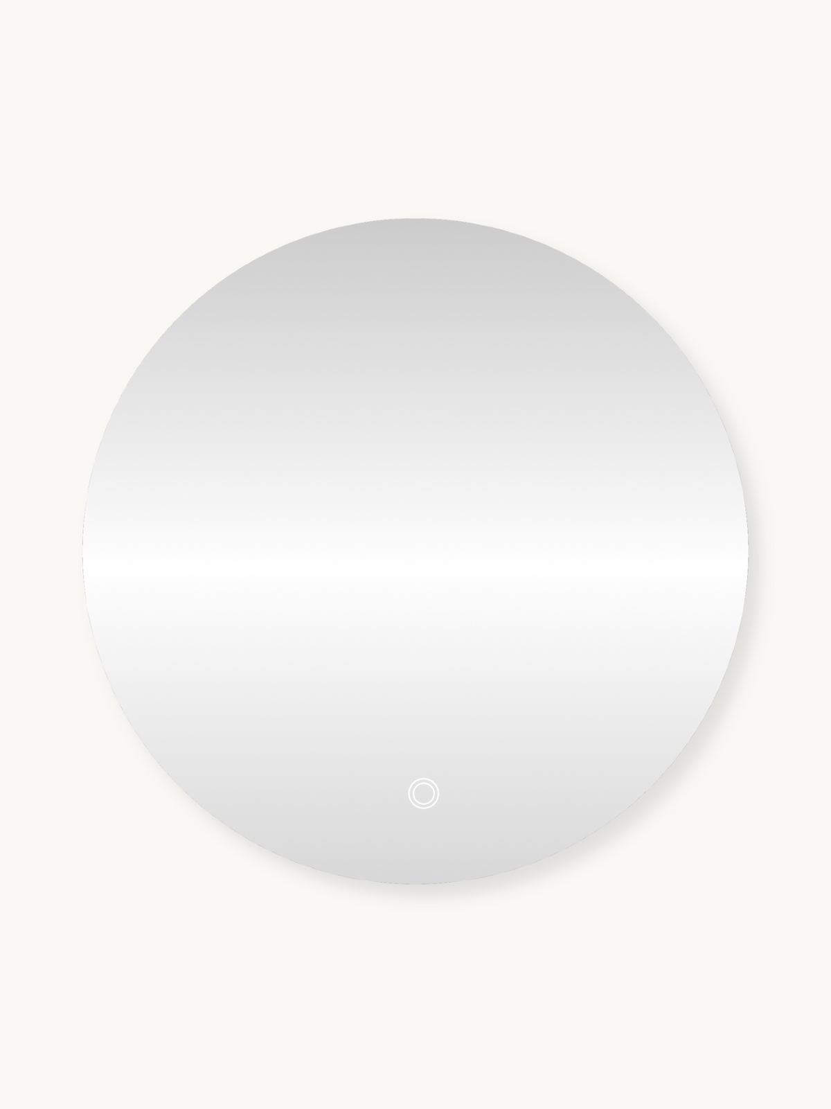 Round frameless wall mirror with backlit LED glow and small circular touch button at bottom centre, against off-white back…