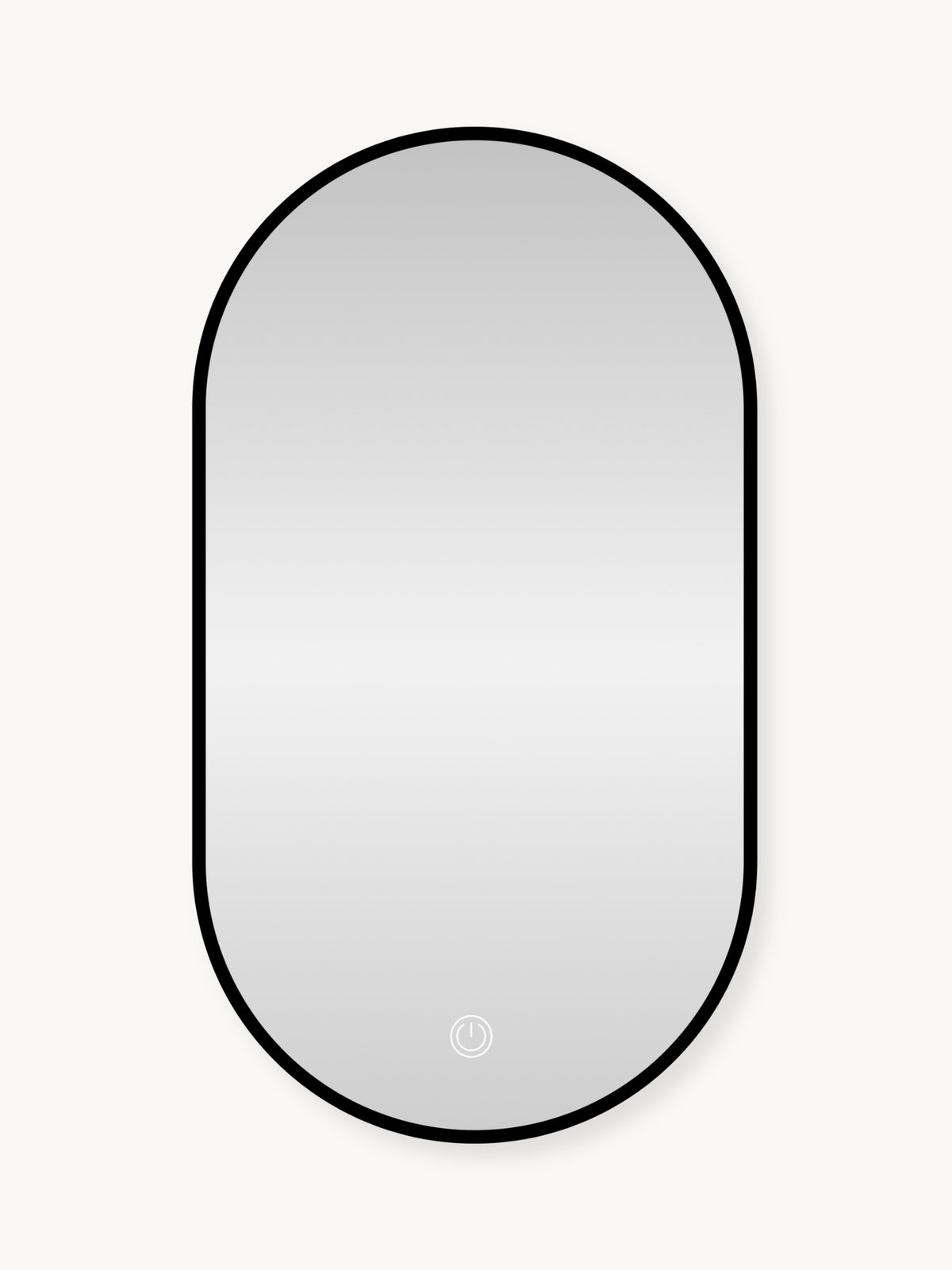 Oval LED bathroom mirror with black metal frame and touch power button, front view on white background