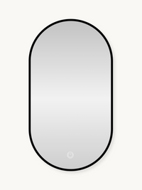 Oval LED bathroom mirror with black metal frame and touch power button, front view on white background