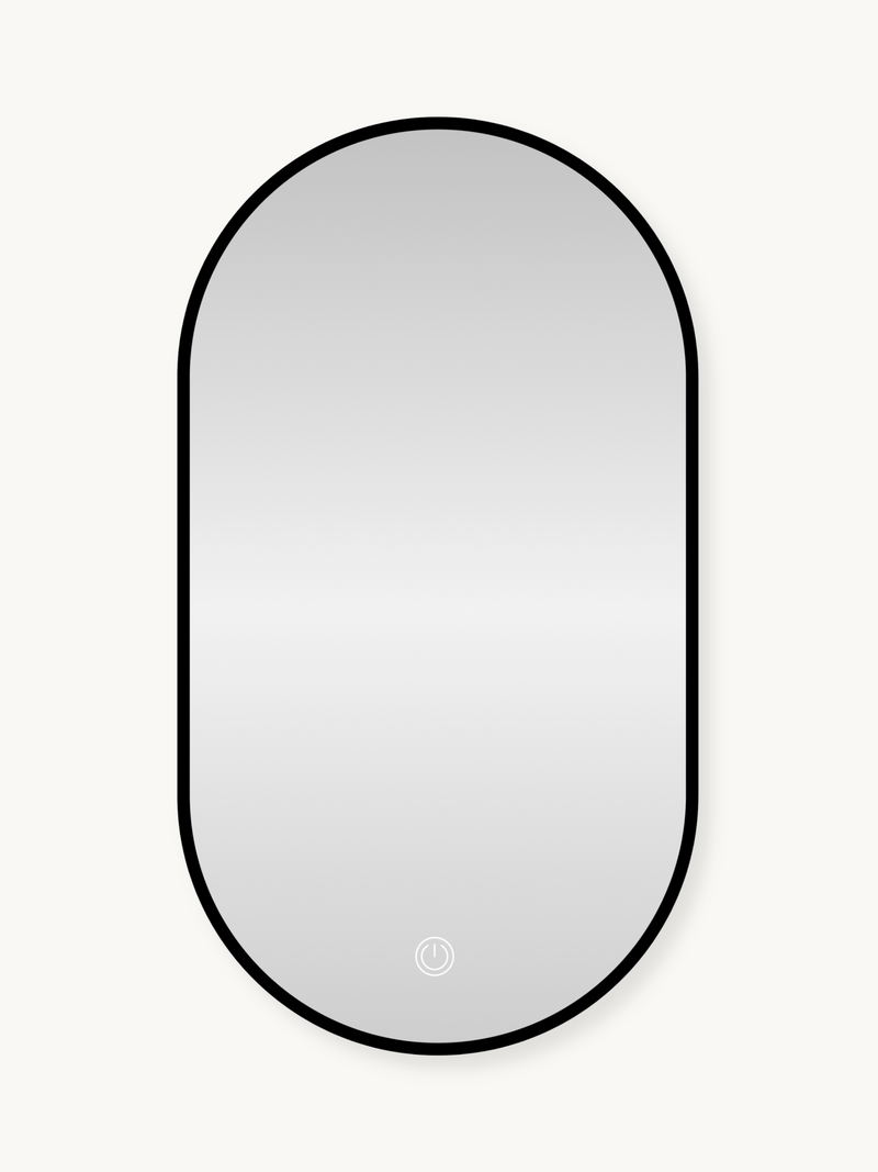 Oval LED bathroom mirror with black metal frame and touch power button, front view on white background