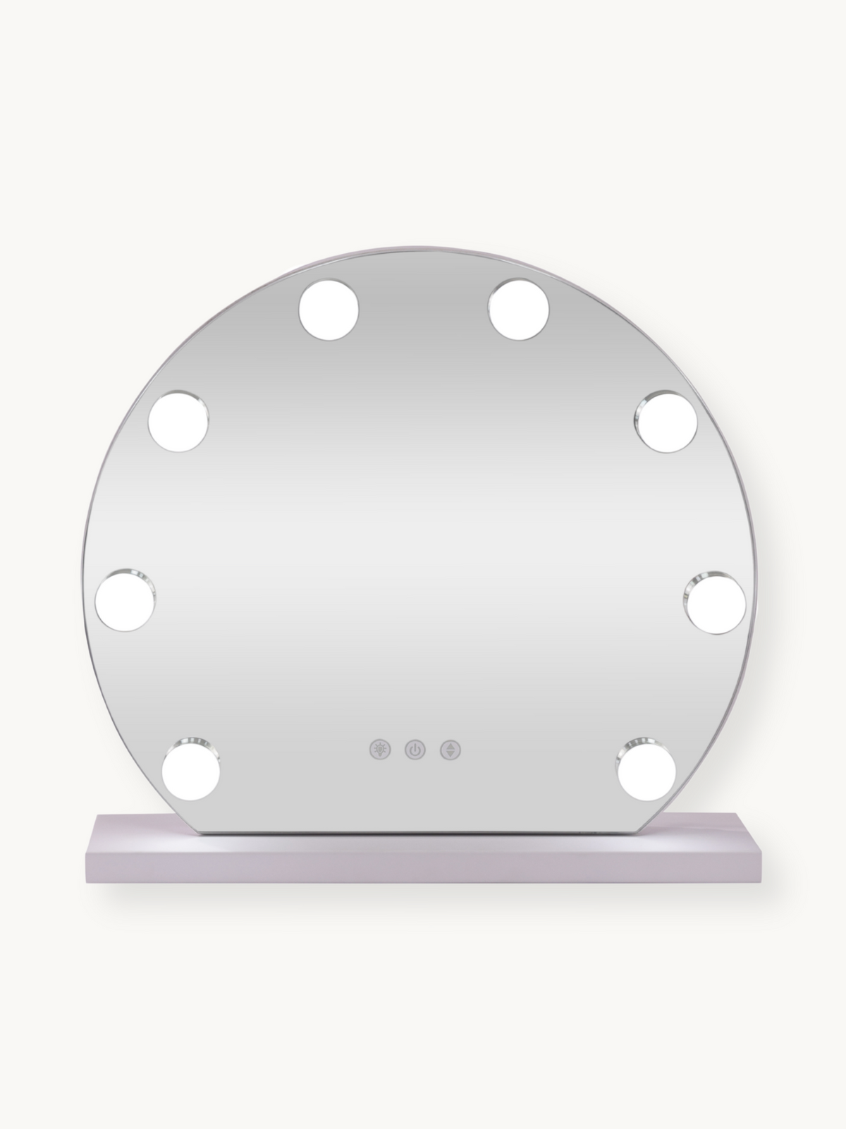 Round white Hollywood vanity mirror with 9 illuminated LED bulbs around the frame and touch controls, on a pale base, fron…