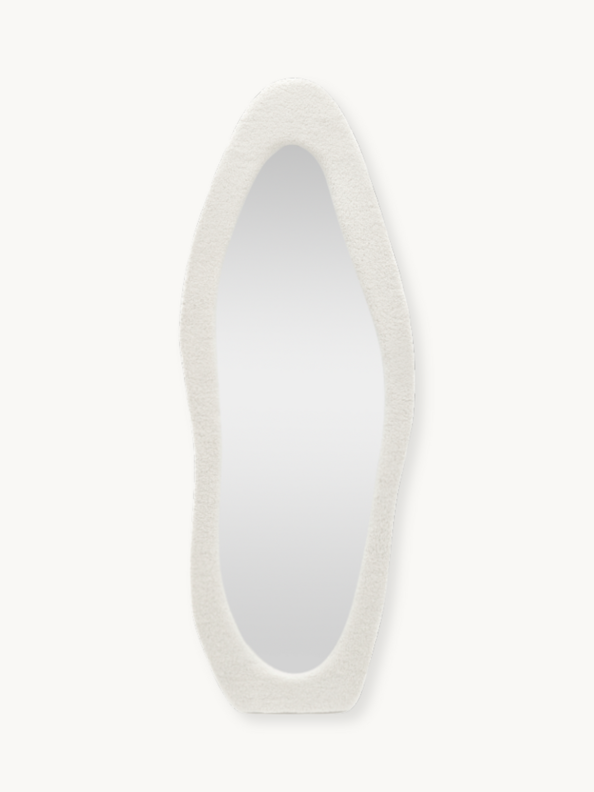 Tall asymmetric oval standing mirror with a chunky white teddy fabric frame, front view on plain background