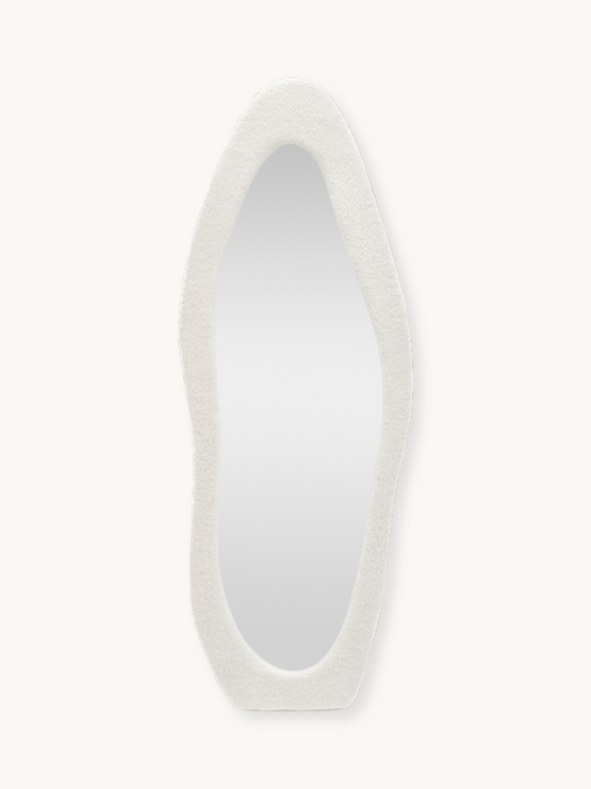 Asymmetrical standing mirror Seraphina with teddy fabric upholstery