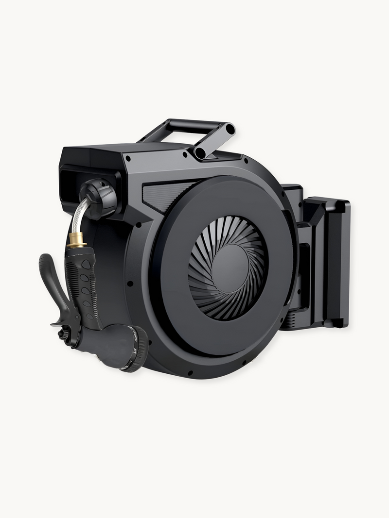 Black wall-mounted retractable hose reel with spray gun and brass connector, angled front view showing circular drum and c…