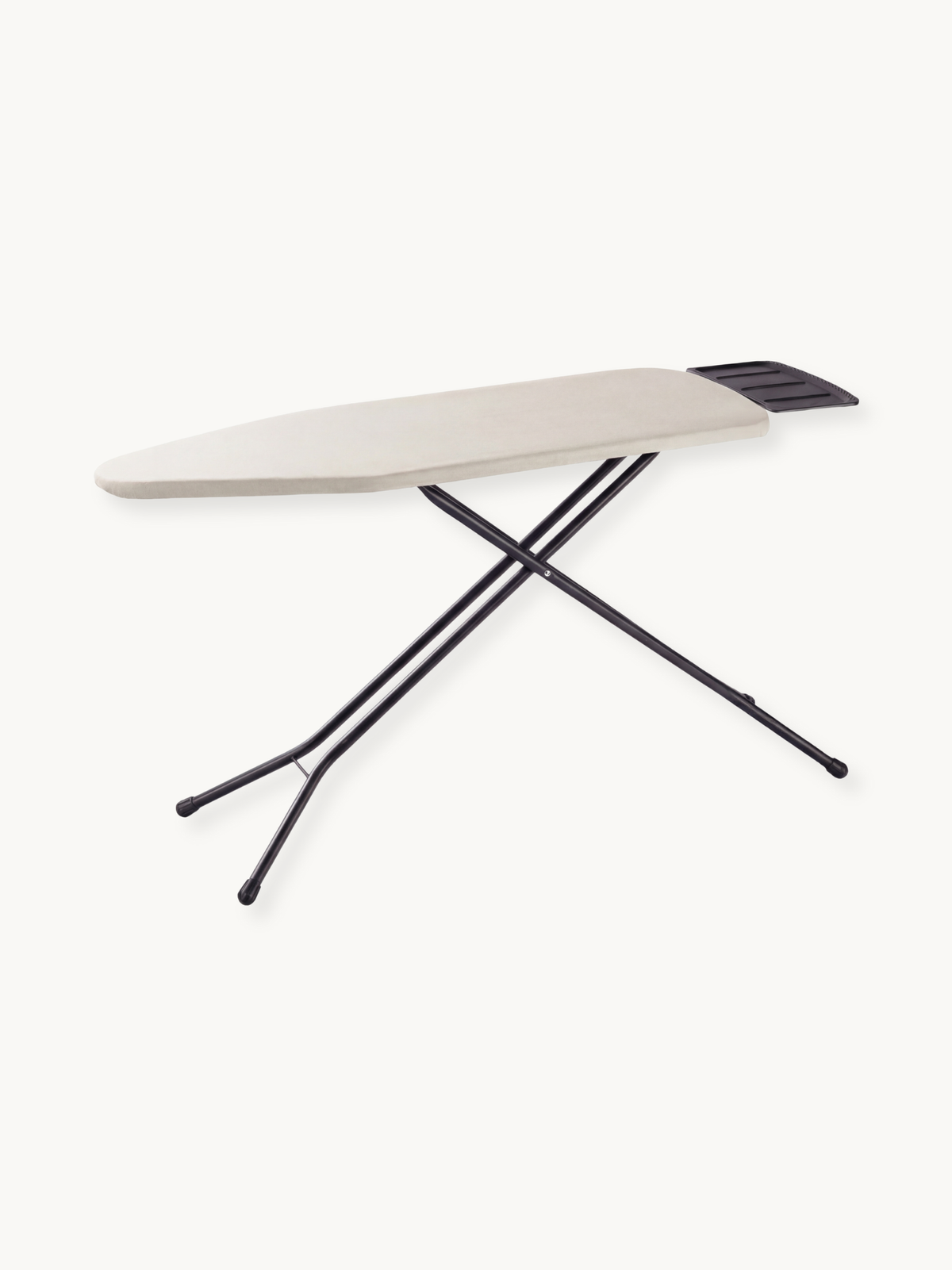 Taupe cotton-covered ironing board with black steel cross-frame legs and dark iron rest holder, angled product view on whi…