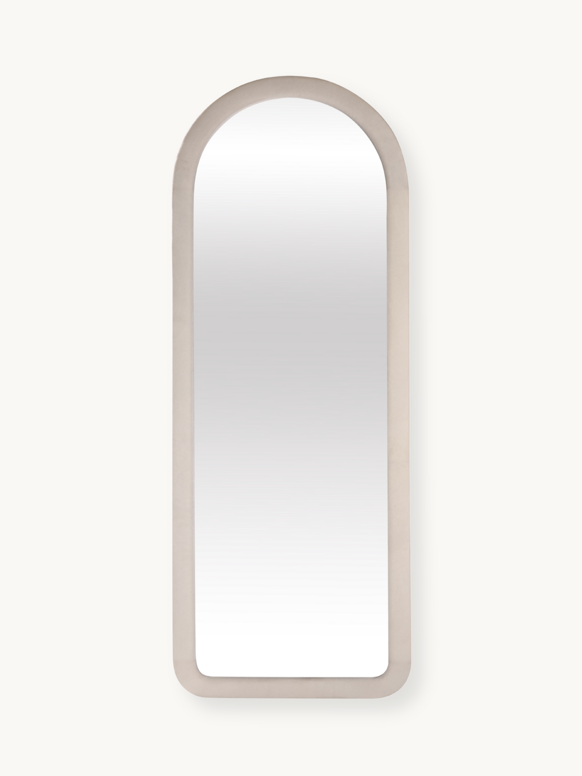 Full-length arched mirror Cleo with white suede velvet upholstered frame, front view on neutral background