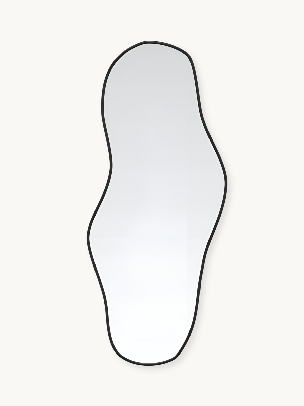 Tall asymmetric wall mirror with wavy organic outline and thin black aluminium frame against off-white background, front view