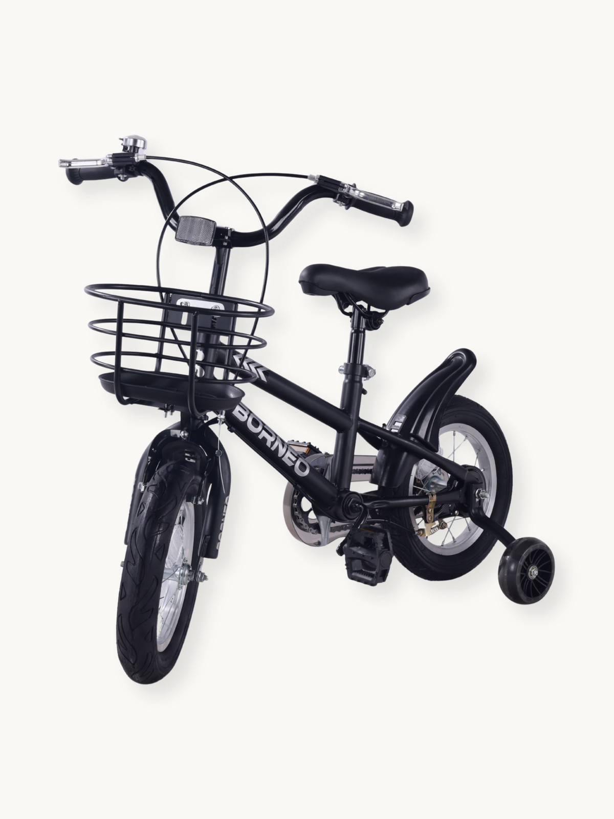 Black Borneo 12-inch children's bike, angled front-left view showing wire basket, bell, training wheels, and black saddle…