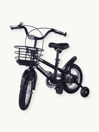 Black Borneo 12-inch children's bike, angled front-left view showing wire basket, bell, training wheels, and black saddle…