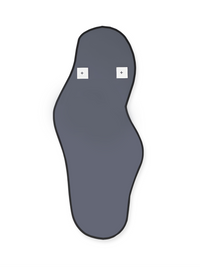Grey illustrated outline of a footprint-shaped asymmetric mirror silhouette with two interactive hotspot markers on white…