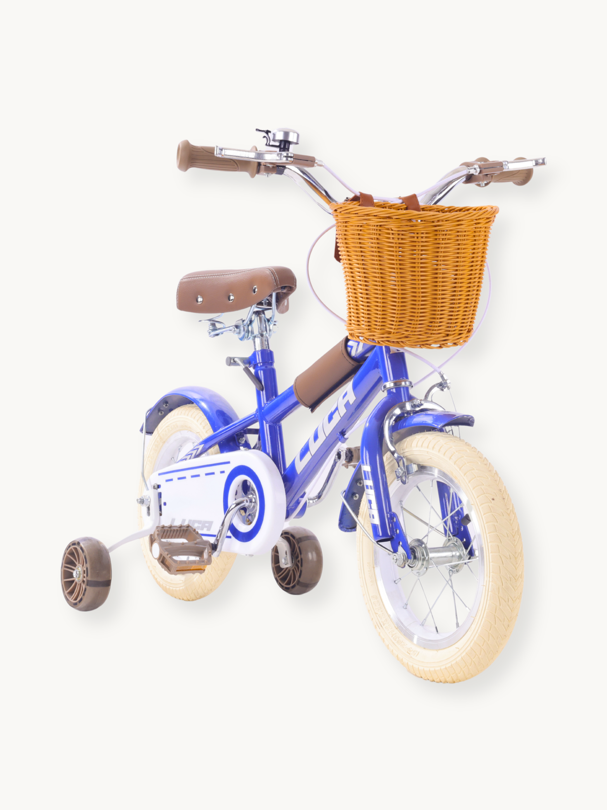 Dark blue Luca 12-inch children's bike, front three-quarter view, showing wicker basket, brown saddle, cream tyres, and tr…