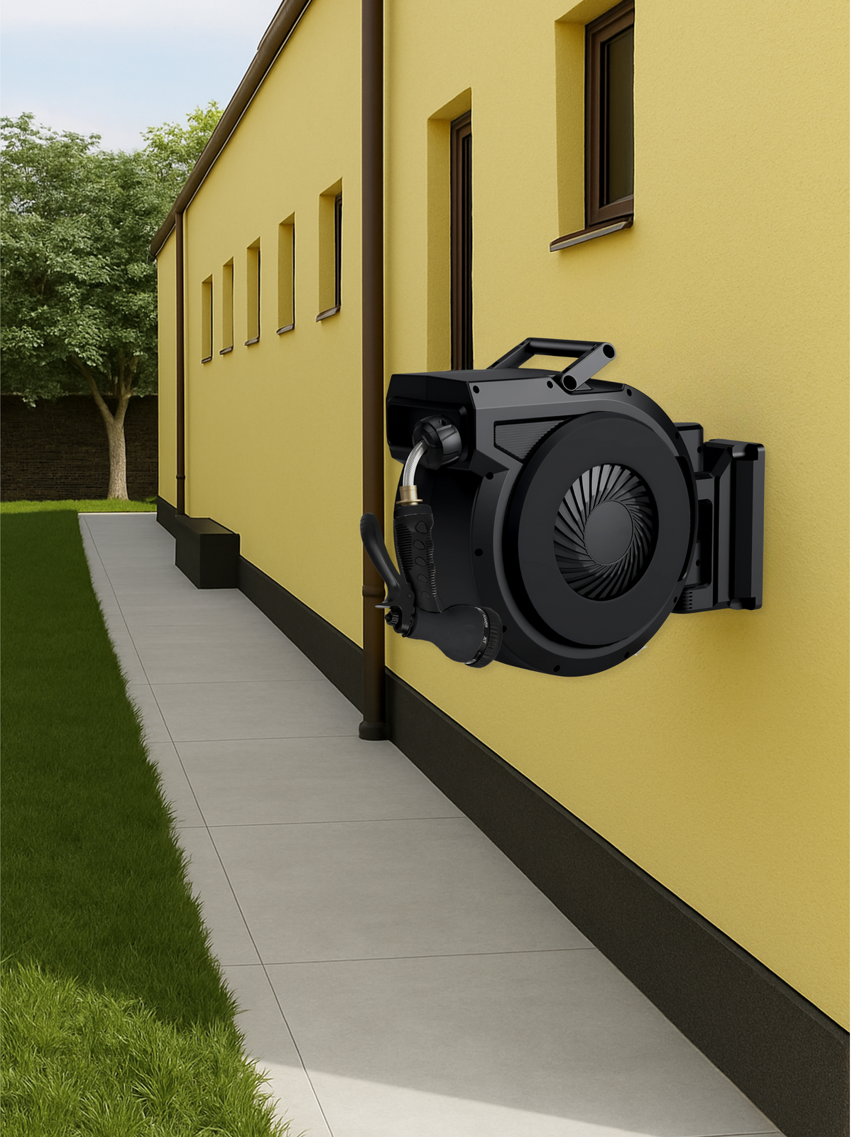 Black wall-mounted hose reel installed on yellow exterior house wall, side-angle lifestyle view with paved path and lawn
