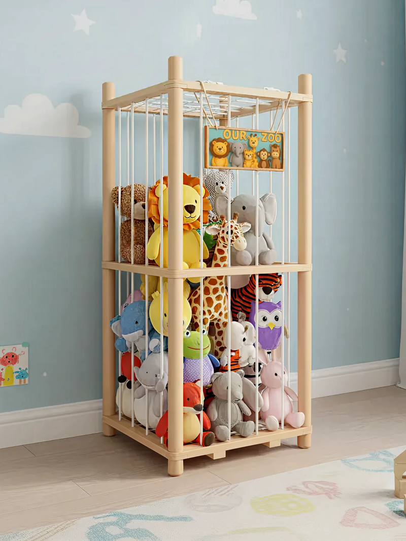 Two-tier natural pine stuffed animal cage organiser packed with colourful plush toys, shown in a blue children's bedroom