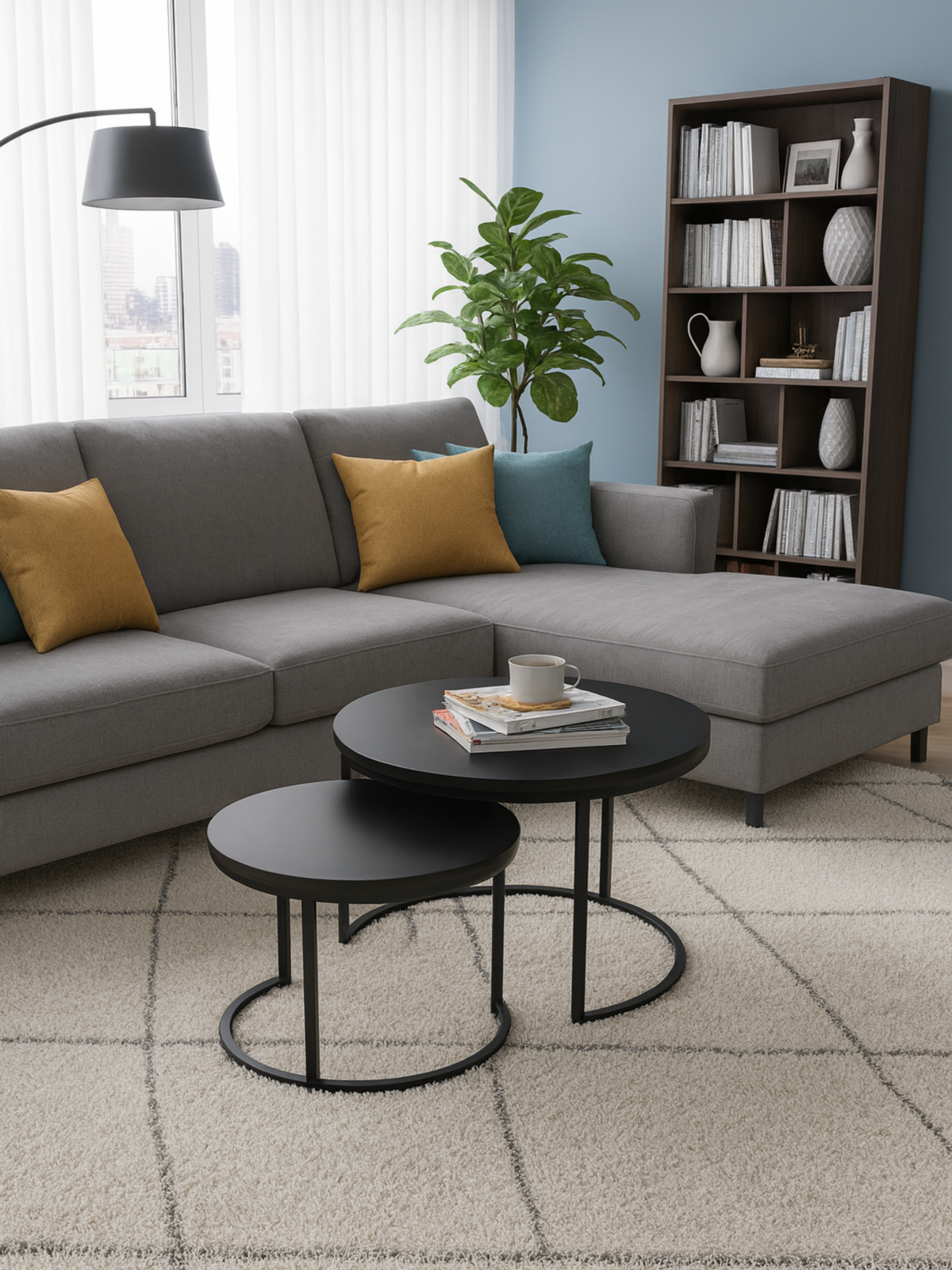 Two black round nesting tables in a living room, smaller pulled forward, larger holding magazines and a mug beside a grey…