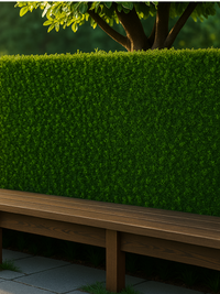 Dark green artificial hedge panels installed as a privacy screen outdoors, with a wooden bench and tree in background, lif…