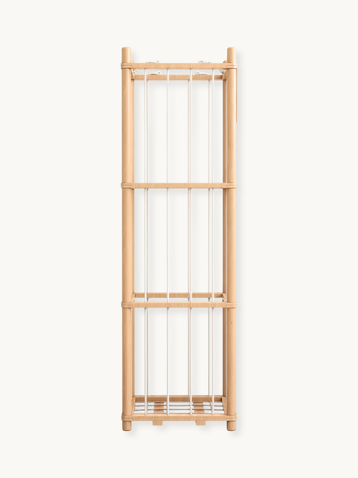 Tall natural pine cage-style toy storage tower, front view on white background, three open tiers with white cord rails