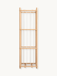Tall natural pine cage-style toy storage tower, front view on white background, three open tiers with white cord rails