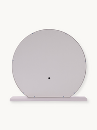 Back of round white Hollywood vanity mirror showing grey panel, small central bolt, and blue perimeter screws on flat rect…