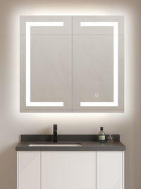 LED backlit mirror cabinet above grey vanity unit, two mirrored doors with front edge lighting, touch button visible, bath…