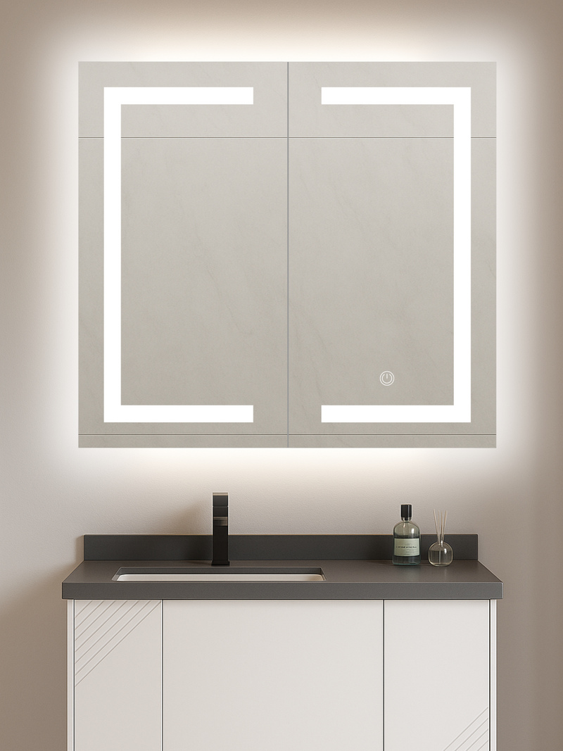 LED backlit mirror cabinet above grey vanity unit, two mirrored doors with front edge lighting, touch button visible, bath…