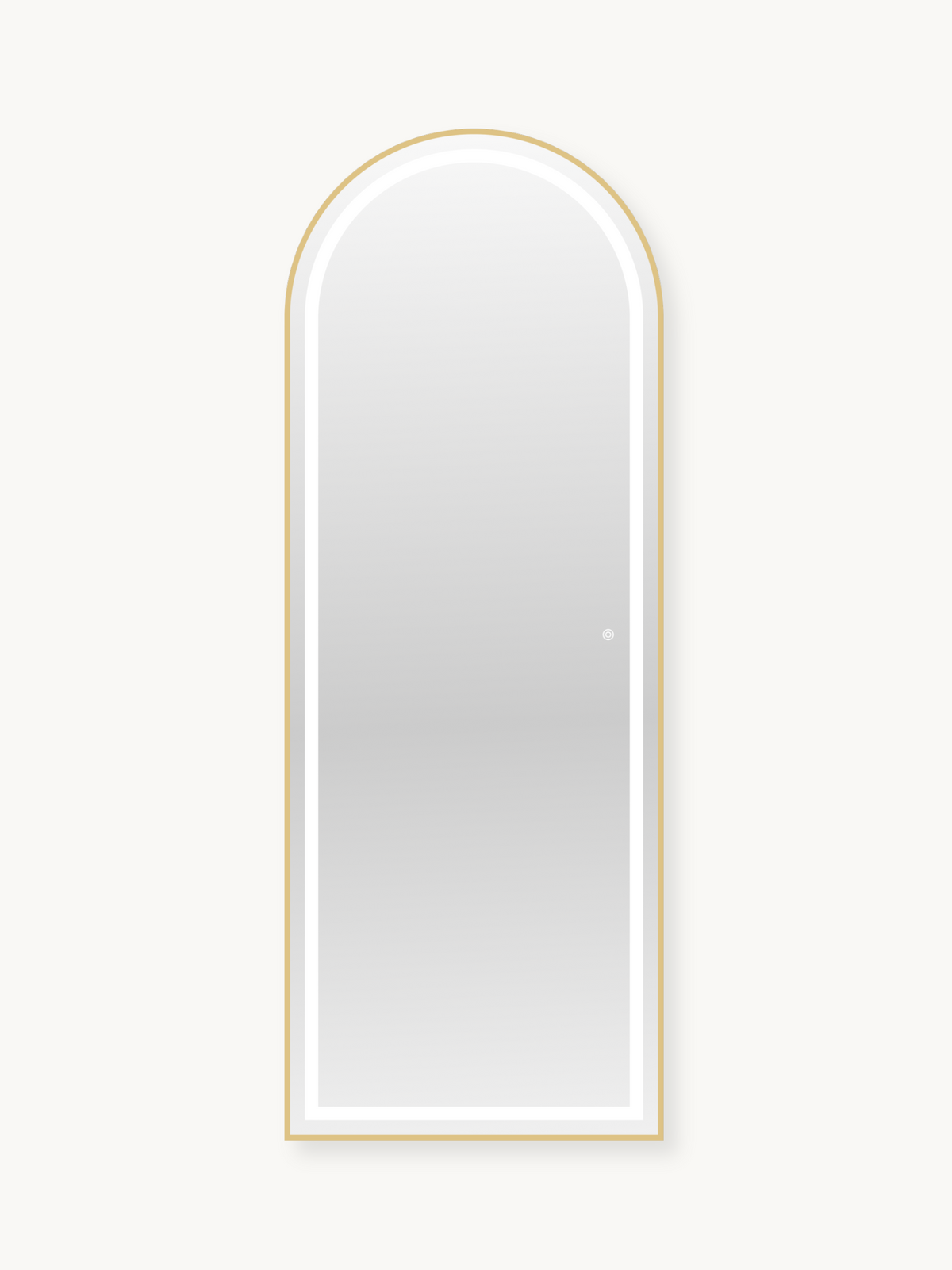 Full-length arched mirror with gold aluminium frame and illuminated LED backlight, front view on white background