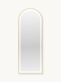 Full-length arched mirror with gold aluminium frame and illuminated LED backlight, front view on white background