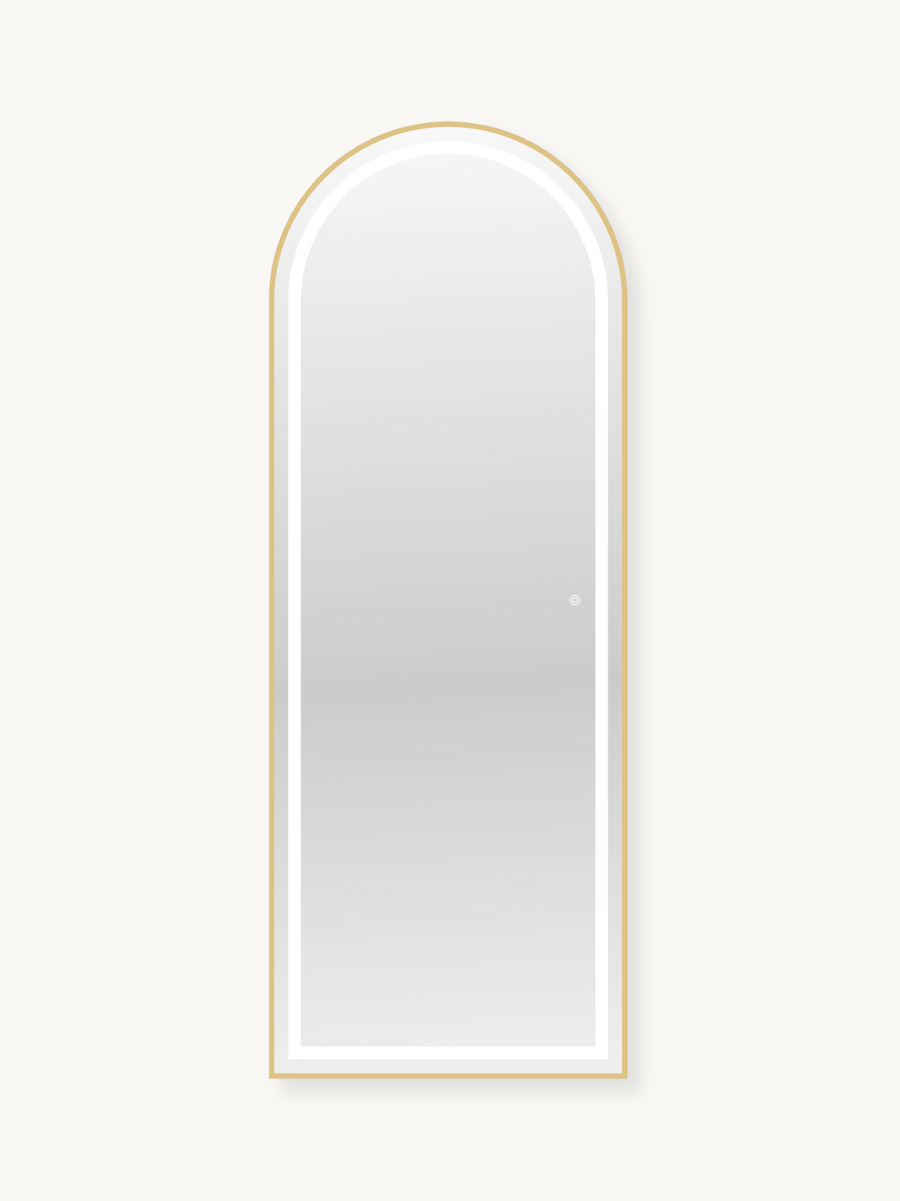 Full-length arched mirror with gold aluminium frame and illuminated LED backlight, front view on white background