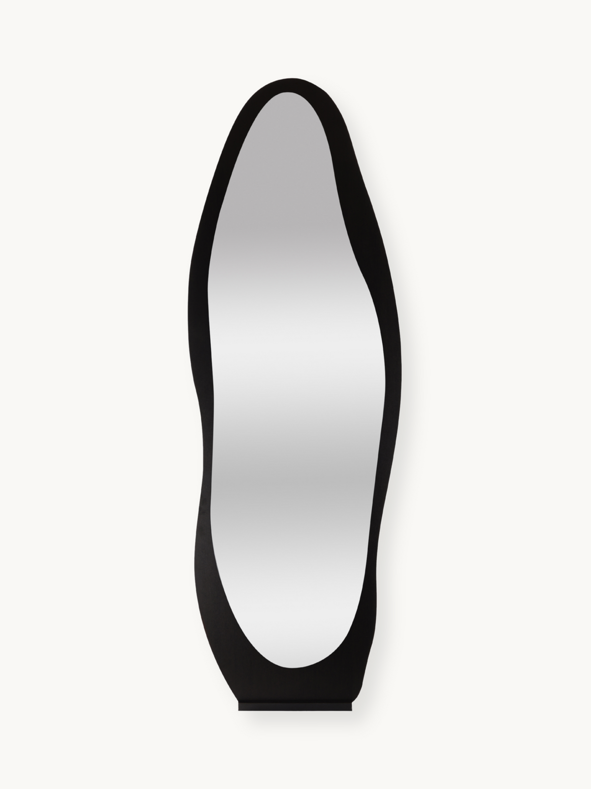 Black asymmetrical full-length standing mirror with wavy organic-shaped wooden frame, front view on white background