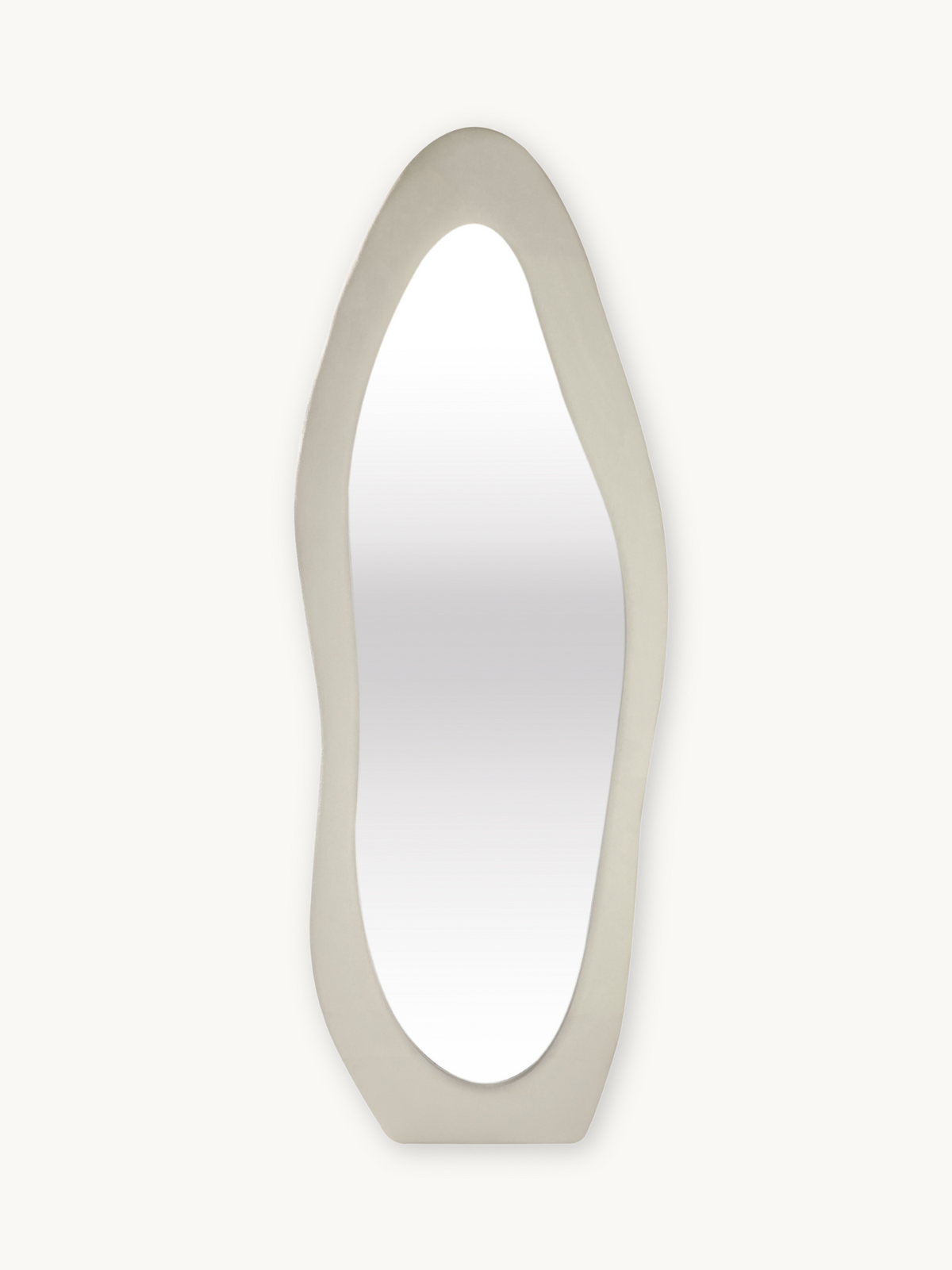 Tall asymmetric standing mirror with wide off-white suede velvet upholstered frame, front view on plain background