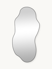Luciano organic wall mirror with wavy asymmetric outline and thin black PVC frame, front view on off-white background