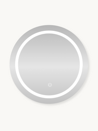 Round LED-lit bathroom mirror cabinet, front view, circular shape with bright white inner ring light and touch power button