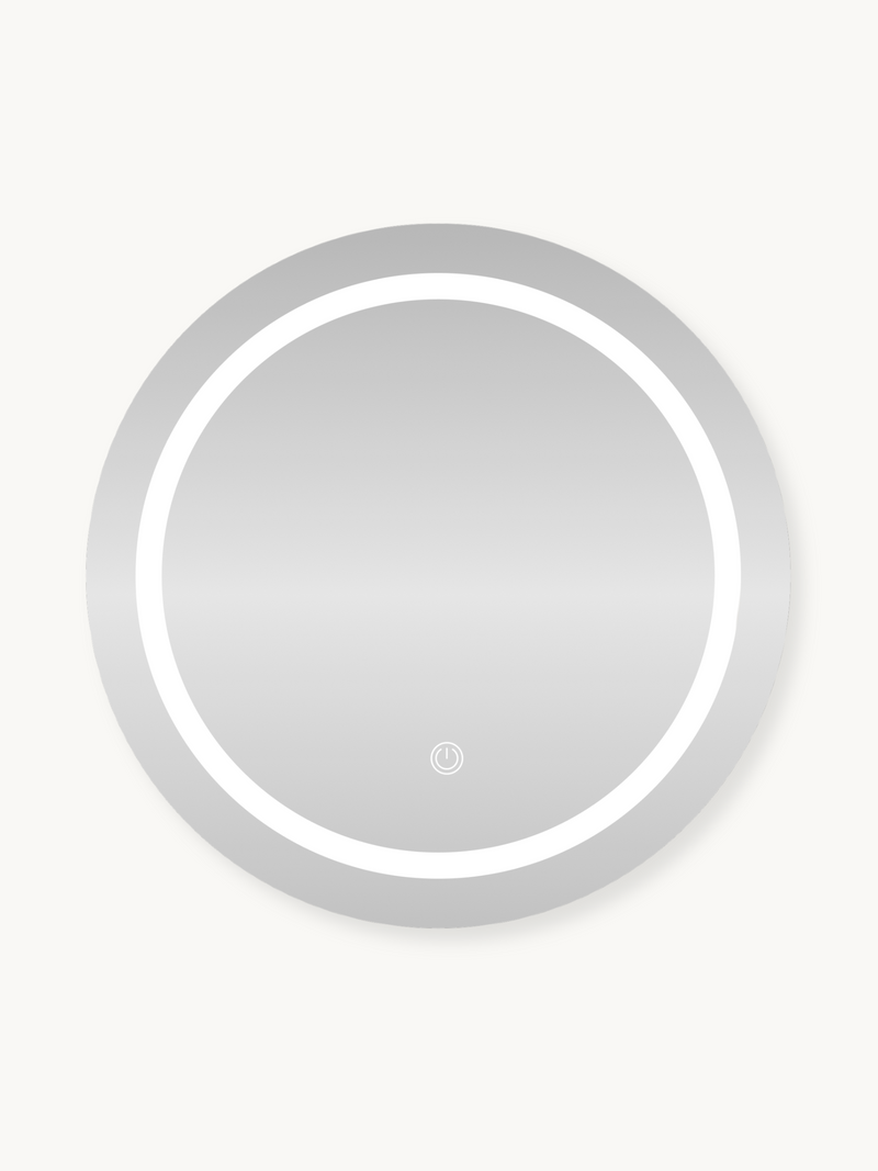 Round LED-lit bathroom mirror cabinet, front view, circular shape with bright white inner ring light and touch power button