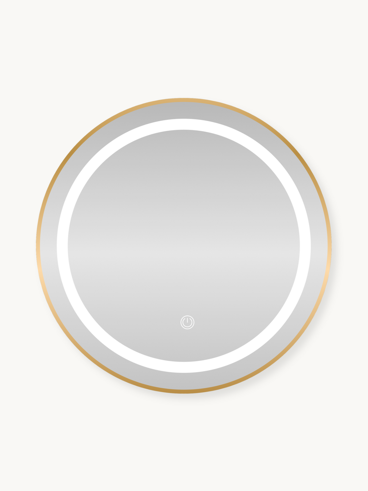 Round LED bathroom mirror with gold metal frame, illuminated white ring light, and touch power button, front view on cream…