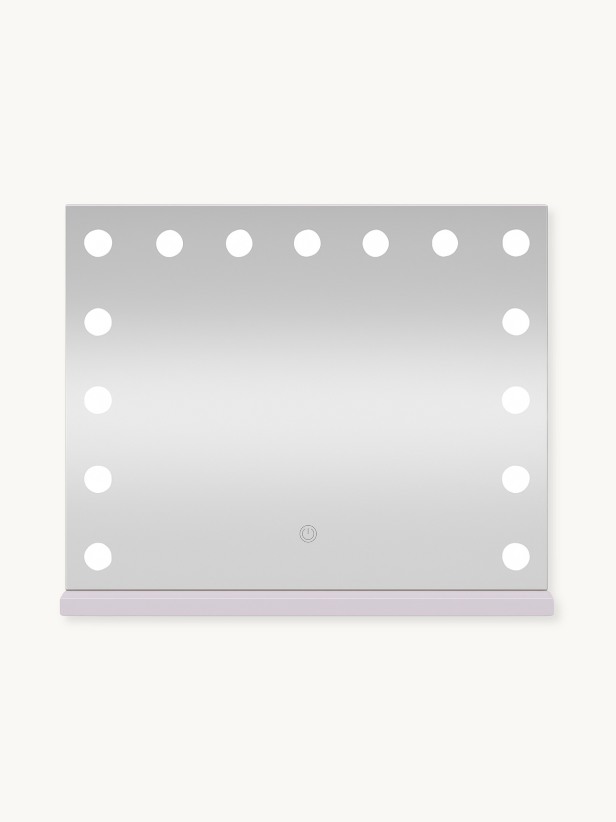 White Hollywood vanity mirror with 15 LED bulbs around three edges and a touch power button at the base, front view on whi…