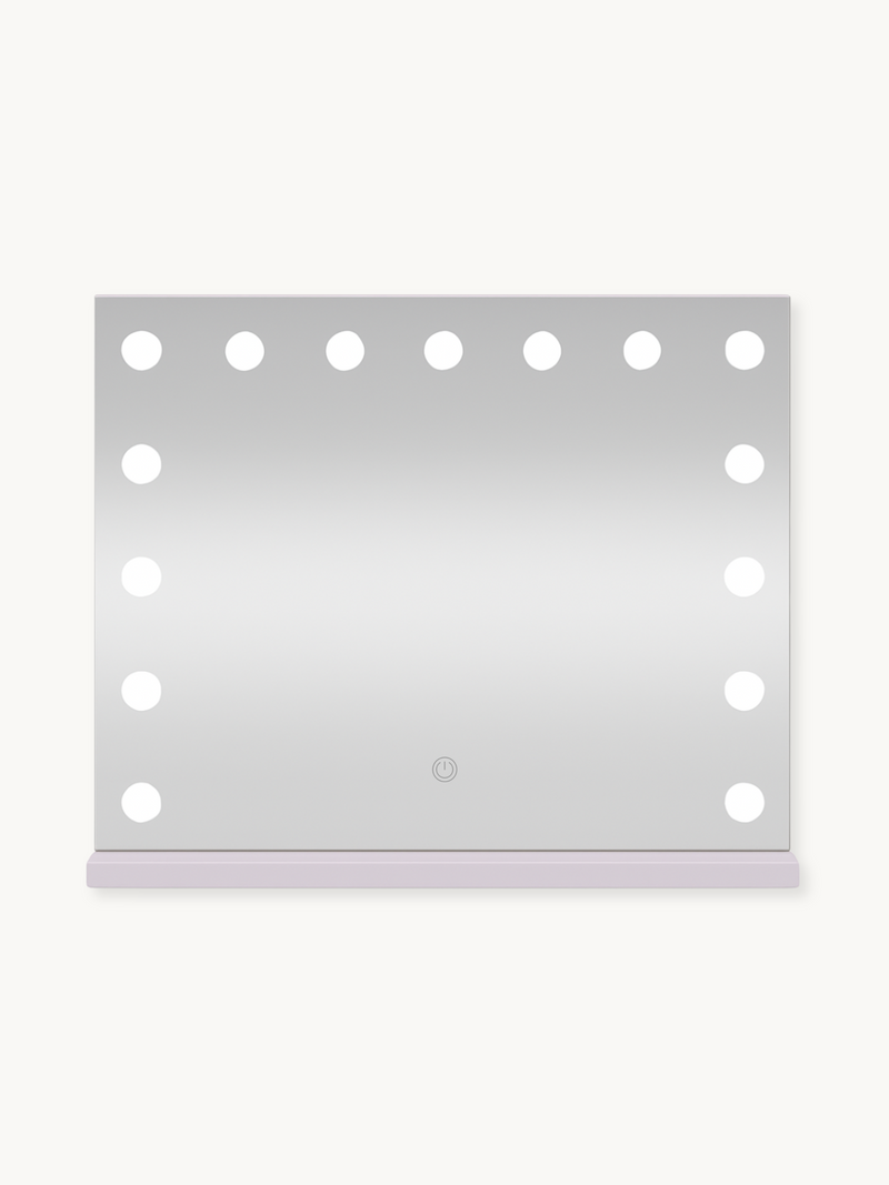 White Hollywood vanity mirror with 15 LED bulbs around three edges and a touch power button at the base, front view on whi…