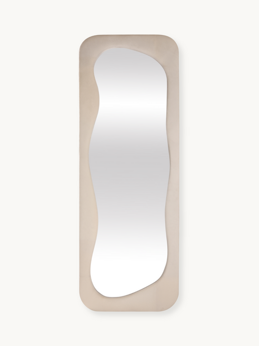 Asymmetrical standing mirror Felis with suede velvet upholstery