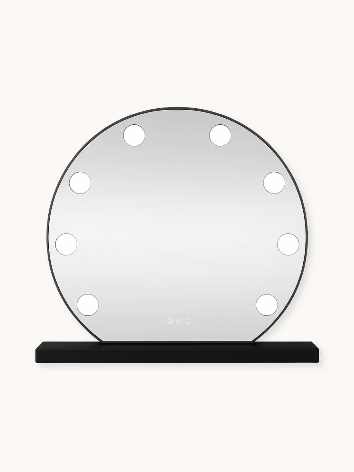 Round black-framed Hollywood vanity mirror with 10 lit bulbs around the edge, on a rectangular black base, front view