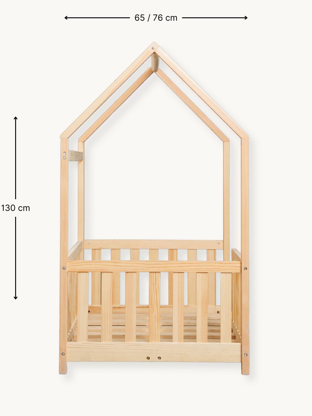 Natural pine children's house bed front view with dimension annotations: 65/76 cm width, 130 cm height, slatted safety rail